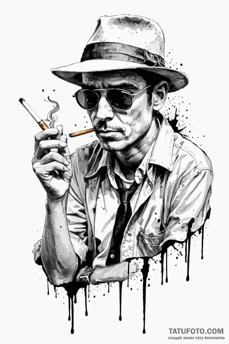 A trash polka portrait of hunter s. thompson... - эскиз тату (№1750714632_0, 23.06.2025 21:37) — Tatufoto.com
