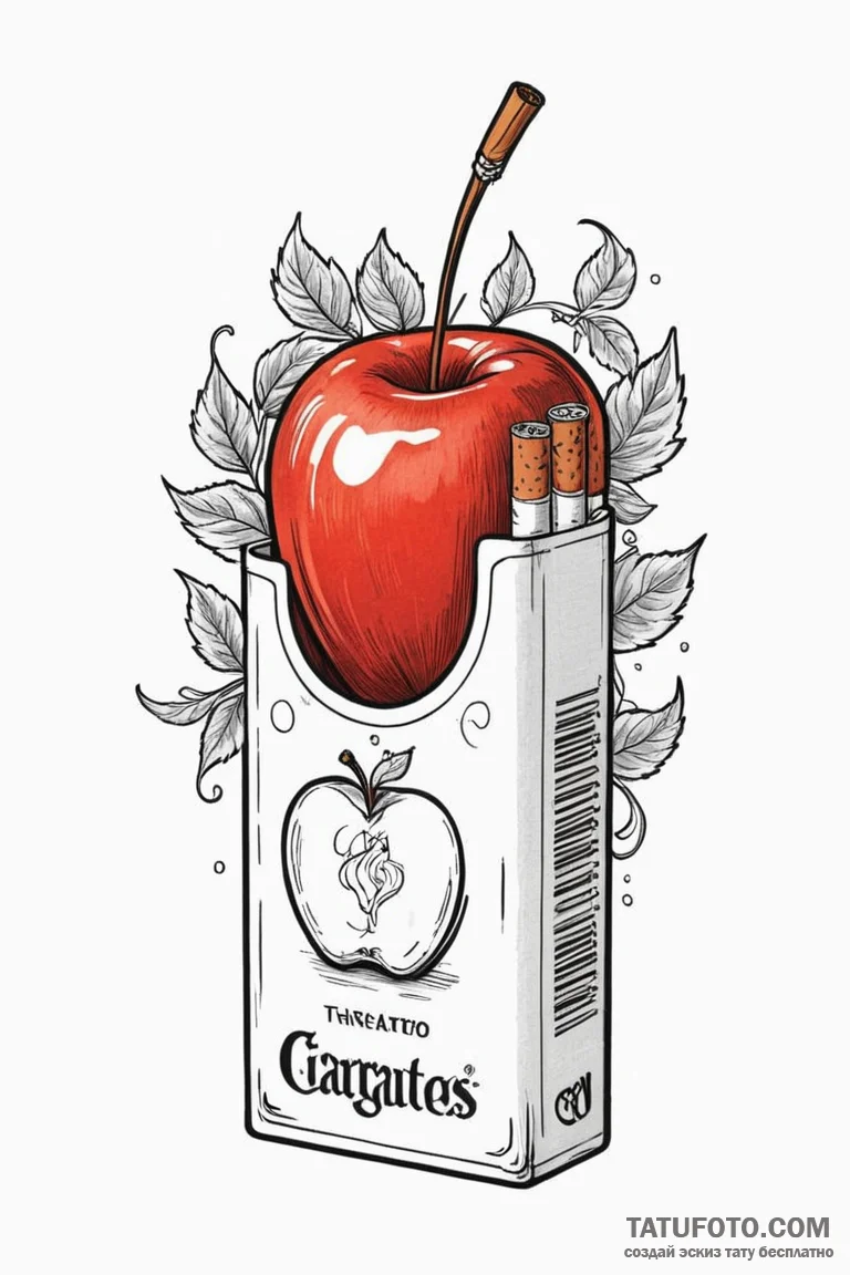 A neo-traditional tattoo of a "red apple" cig... - эскиз тату (№1750718422_0, 23.06.2025 22:40) — Tatufoto.com