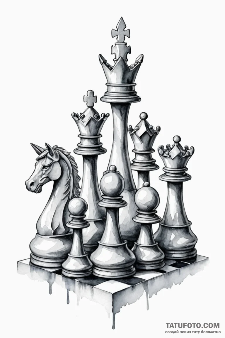 A watercolor sketch of the intricate chess pi... - эскиз тату (№1750722039_1, 23.06.2025 23:40) — Tatufoto.com