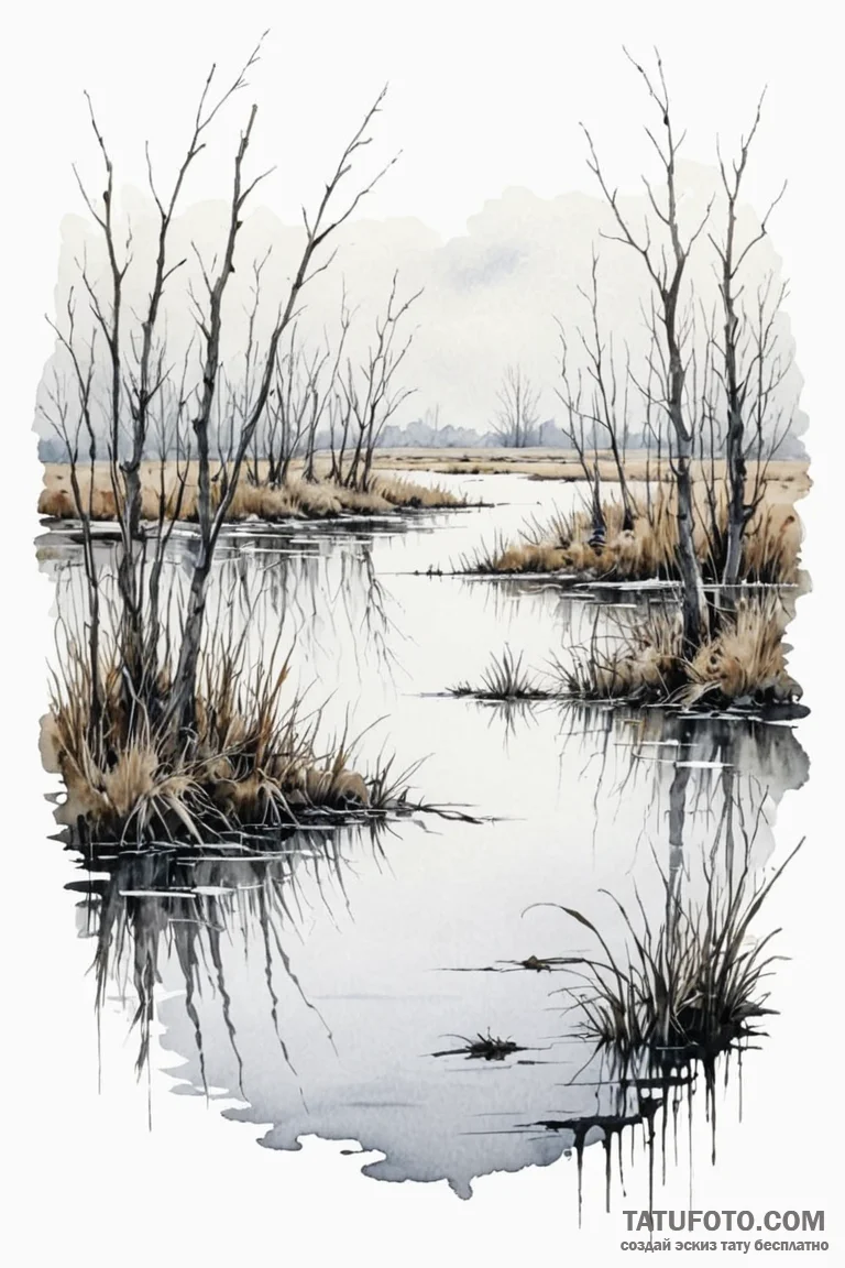 A watercolor landscape of the dead marshes, w... - эскиз тату (№1750722941_0, 23.06.2025 23:55) — Tatufoto.com
