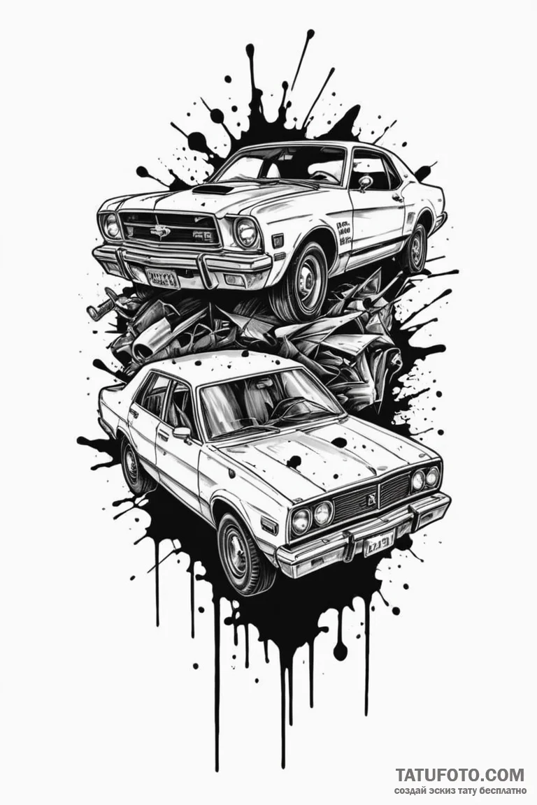 A trash polka tattoo of the car crash scene f... - эскиз тату (№1750728341_1, 24.06.2025 01:25) — Tatufoto.com
