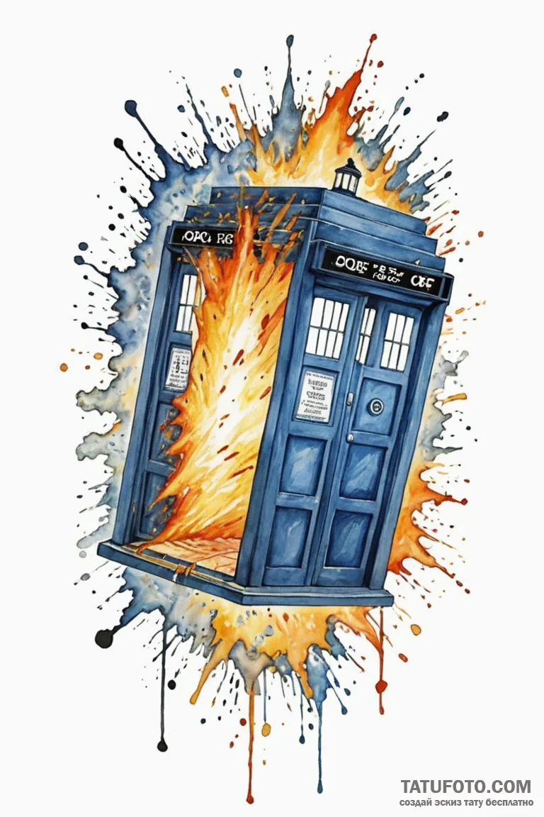 A watercolor tattoo of the tardis exploding,... - эскиз тату (№1750731172_0, 24.06.2025 02:12) — Tatufoto.com