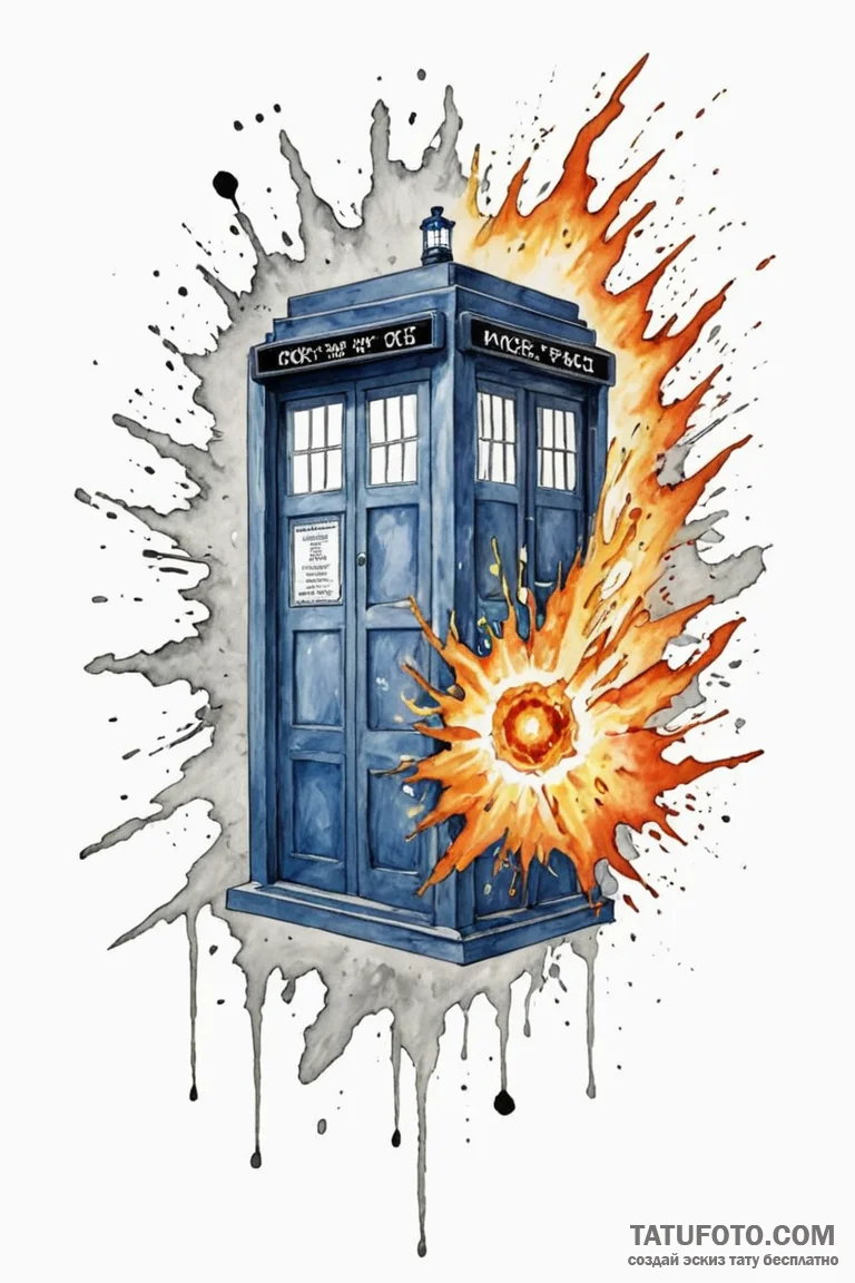 A watercolor tattoo of the tardis exploding,... - эскиз тату (№1750731172_1, 24.06.2025 02:12) — Tatufoto.com
