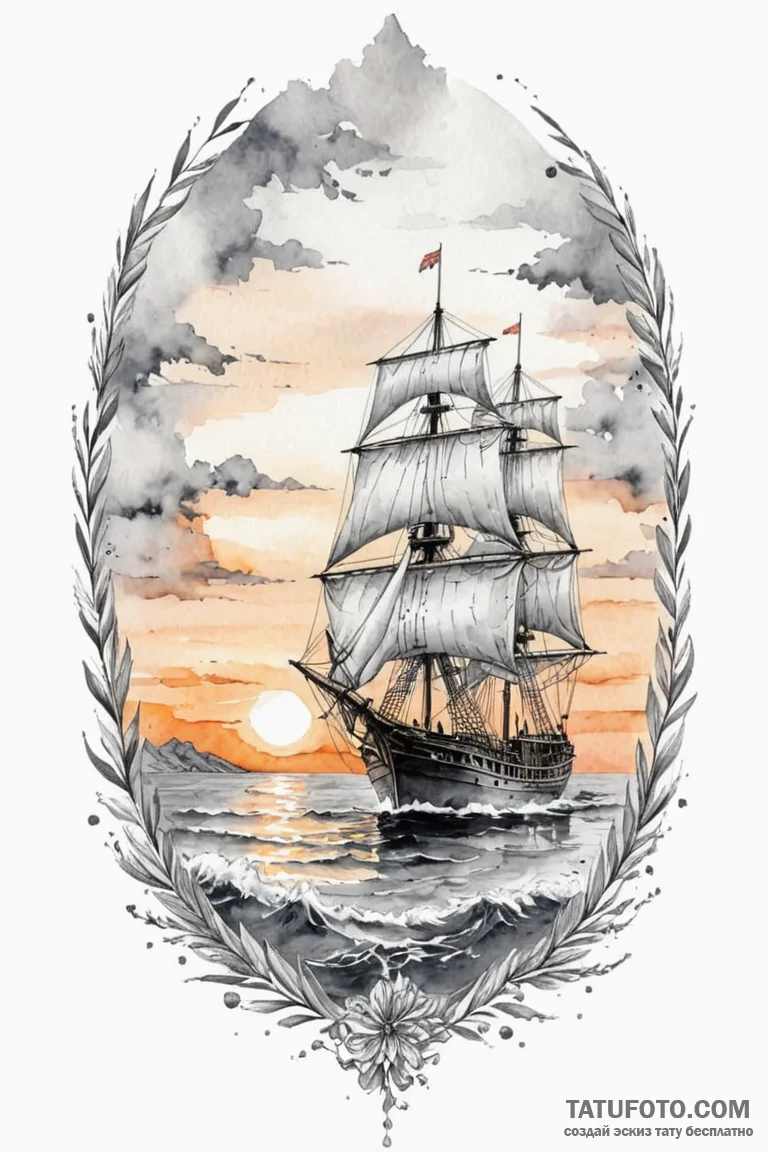 A watercolor sketch of the grey havens, a shi... - эскиз тату (№1750732967_0, 24.06.2025 02:42) — Tatufoto.com