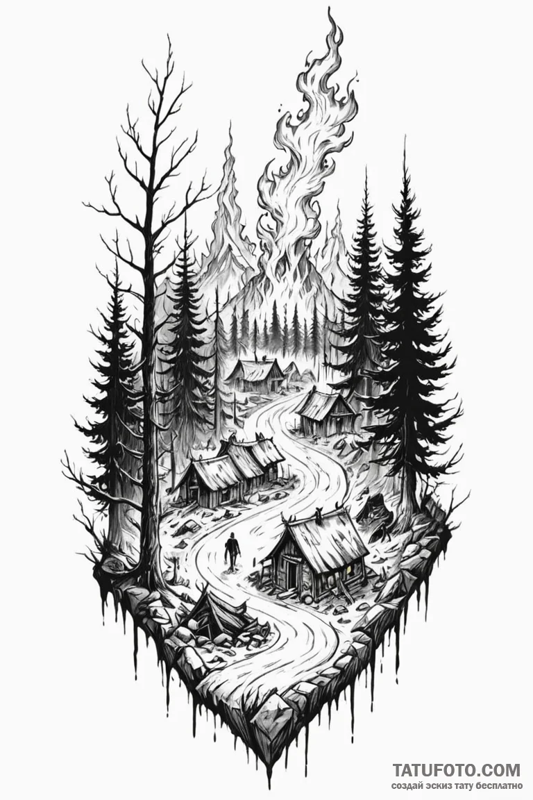 A graphic novel style tattoo of the burning v... - эскиз тату (№1750734783_1, 24.06.2025 03:13) — Tatufoto.com