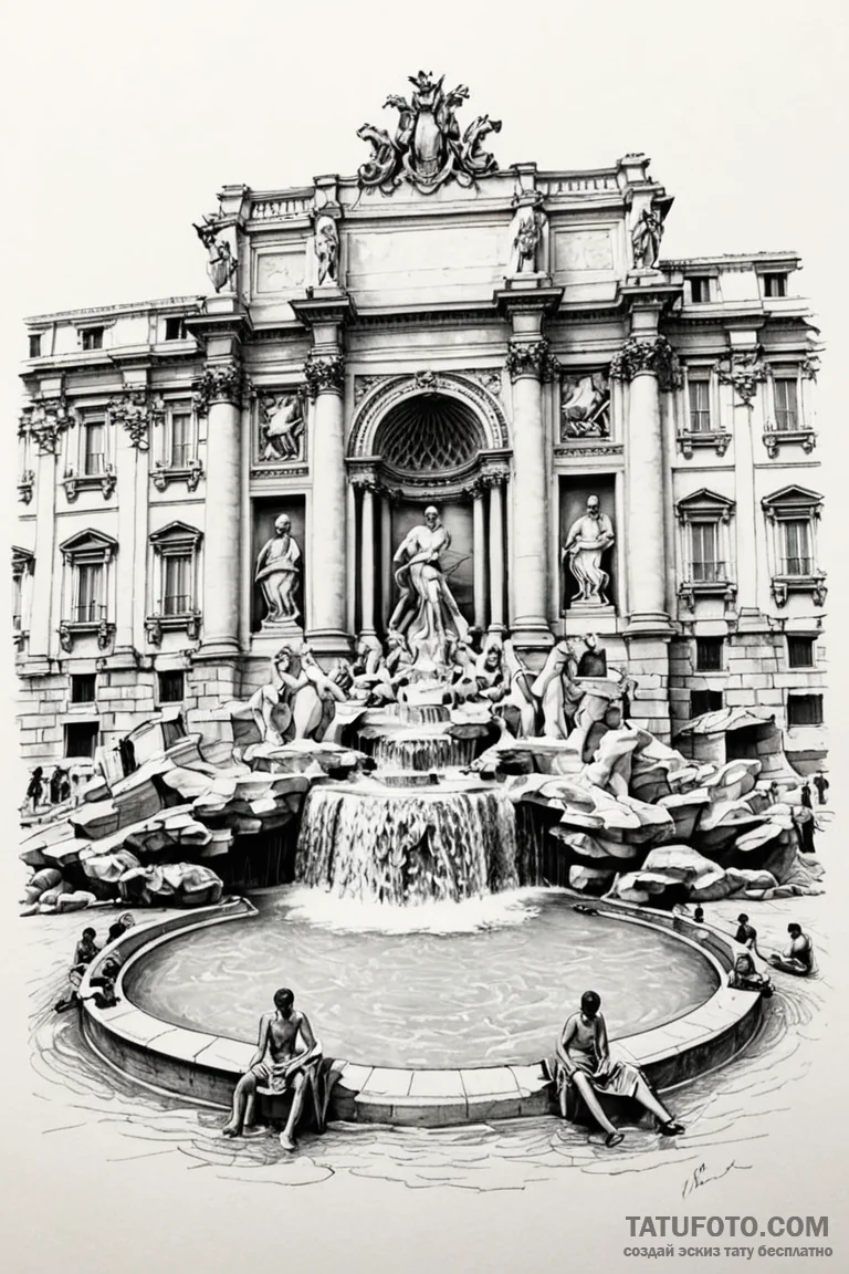 A sketch of the trevi fountain scene from la... - эскиз тату (№1750741944_0, 24.06.2025 05:12) — Tatufoto.com