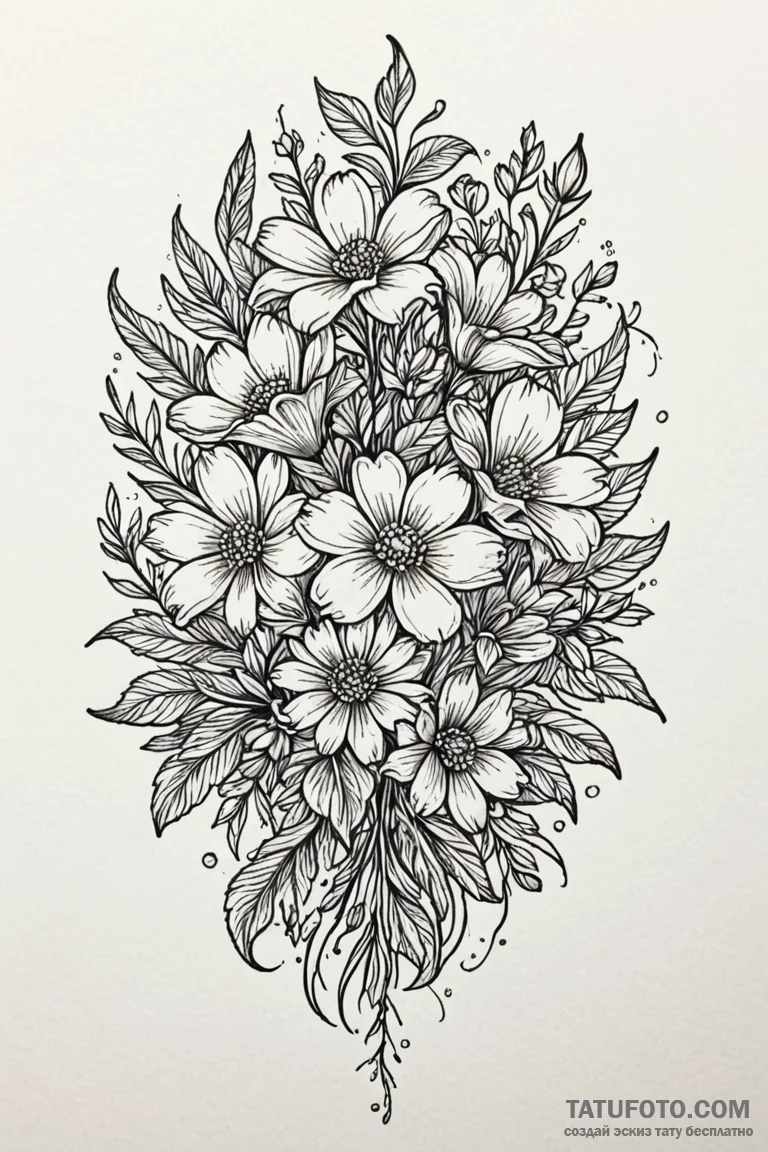 A vibrant bouquet of wildflowers, natural bea... - эскиз тату (№1750744702_0, 24.06.2025 05:58) — Tatufoto.com