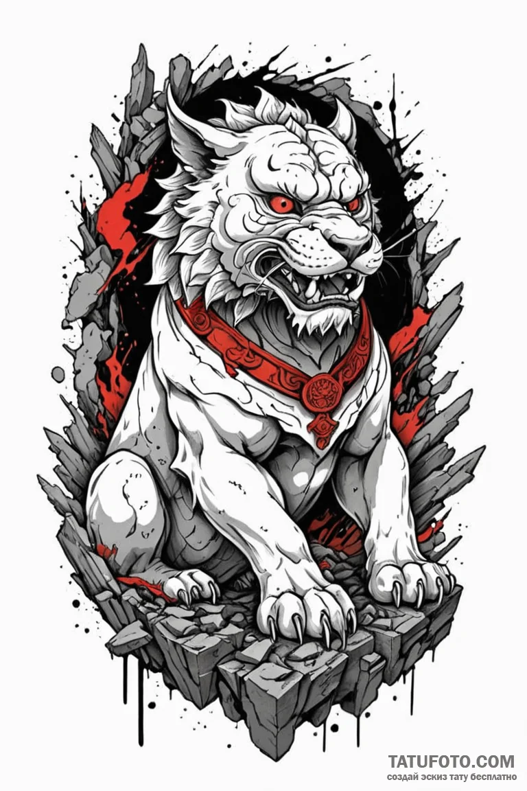 Komainu guardian crumbling in ruins, ink illu... - эскиз тату (№1750745490_0, 24.06.2025 06:11) — Tatufoto.com