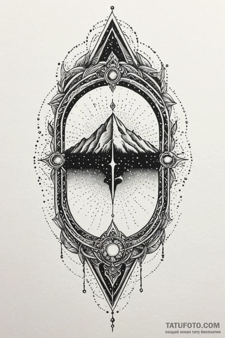 Jewel blade beneath celestial gate, ink illus... - эскиз тату (№1750745644_1, 24.06.2025 06:14) — Tatufoto.com