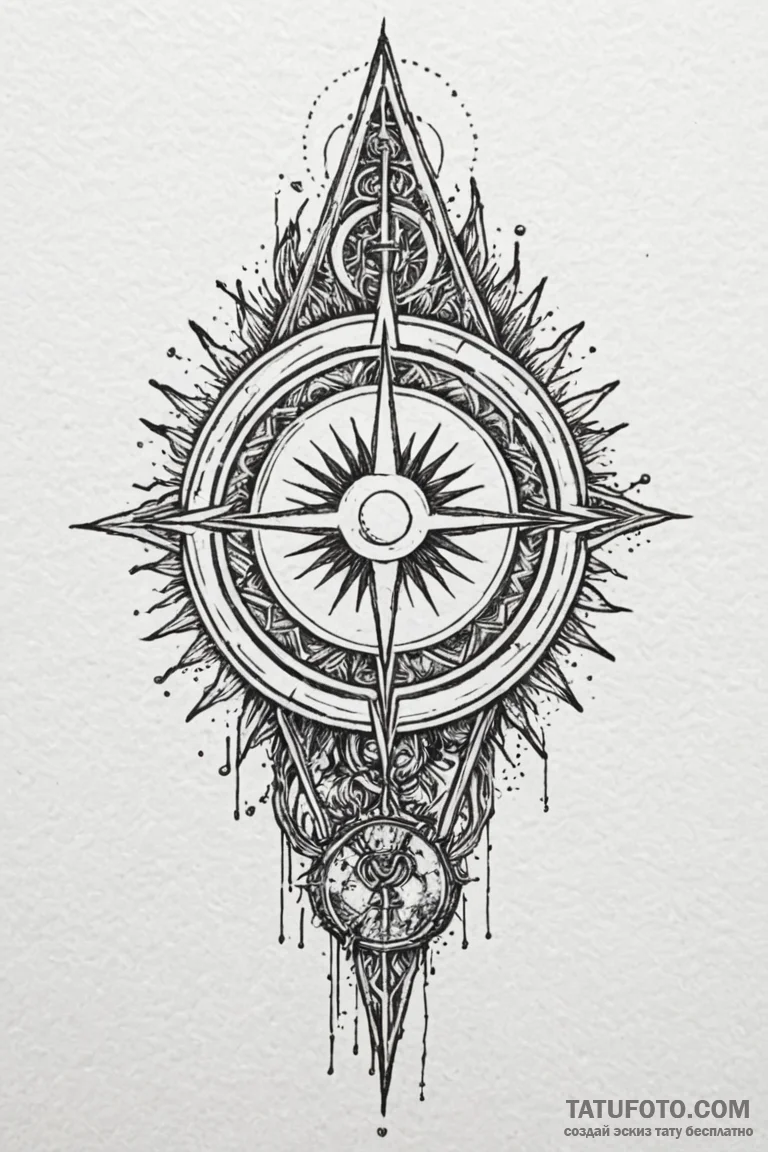 Sun sigil beneath shattered spire, tattoo lin... - эскиз тату (№1750746340_0, 24.06.2025 06:25) — Tatufoto.com