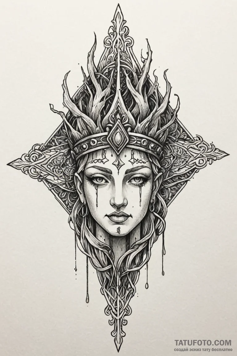 Temple relic crowned in roots, artistic tatto... - эскиз тату (№1750748172_0, 24.06.2025 06:56) — Tatufoto.com