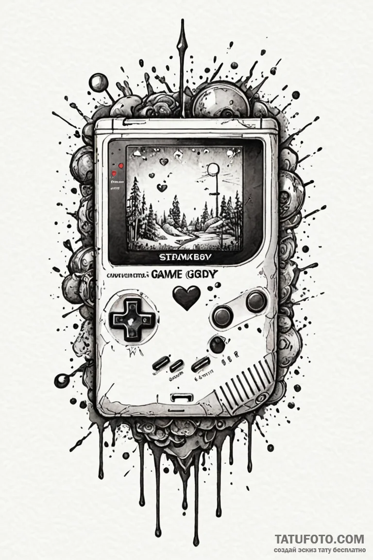 Game boy with a heart on the screen, artistic... - эскиз тату (№1750748250_0, 24.06.2025 06:57) — Tatufoto.com