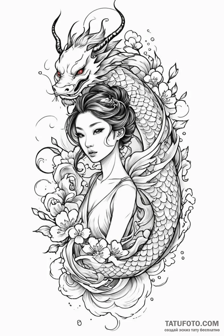 Ballerina, artistic tattoo sketch, irezumi ja... - эскиз тату (№1750759315_0, 24.06.2025 10:01) — Tatufoto.com