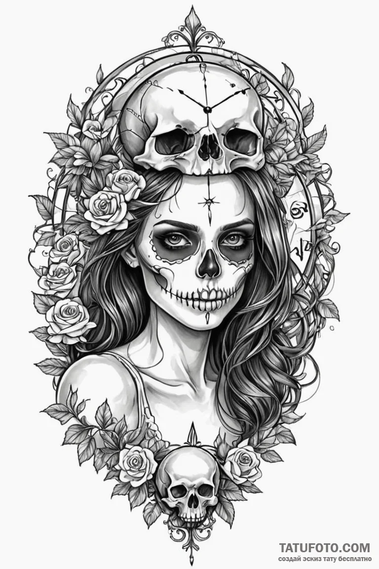 череп часи девушка - эскиз тату (№1750761241_0, 24.06.2025 10:34) — Tatufoto.com