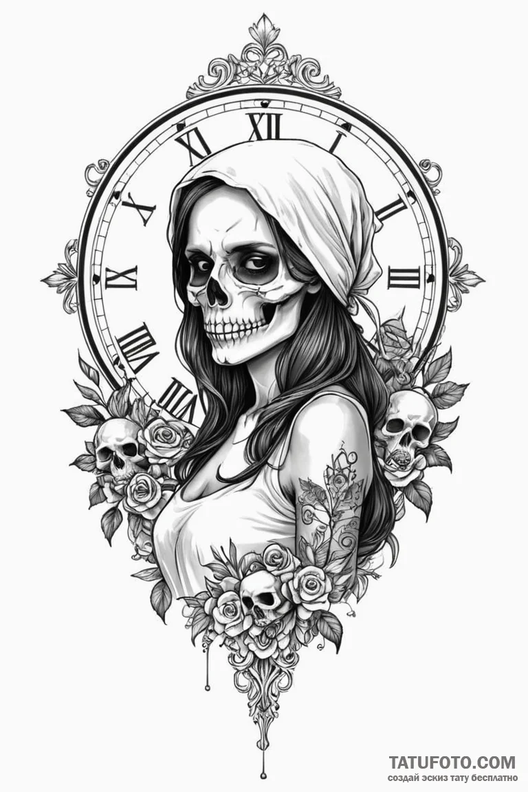 череп часи девушка - эскиз тату (№1750761241_1, 24.06.2025 10:34) — Tatufoto.com