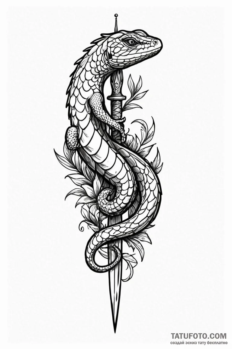 Lizard tail coiled around dagger, ink illustr... - эскиз тату (№1750761935_0, 24.06.2025 10:45) — Tatufoto.com