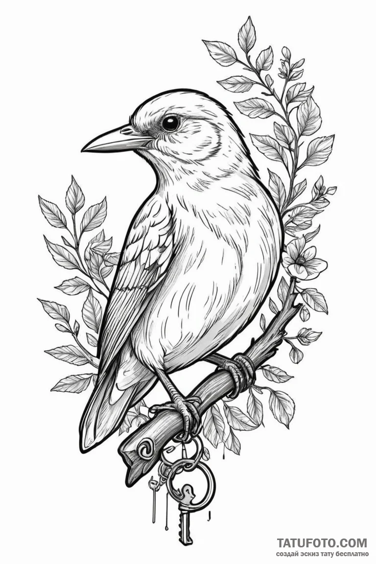 A whimsical bird with a key, secret,, ink ill... - эскиз тату (№1750762102_1, 24.06.2025 10:48) — Tatufoto.com