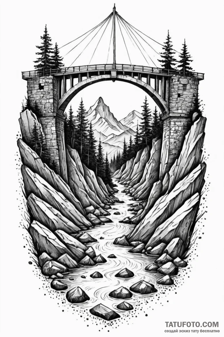 A detailed broken bridge over abyss, dangerou... - эскиз тату (№1750762179_0, 24.06.2025 10:49) — Tatufoto.com
