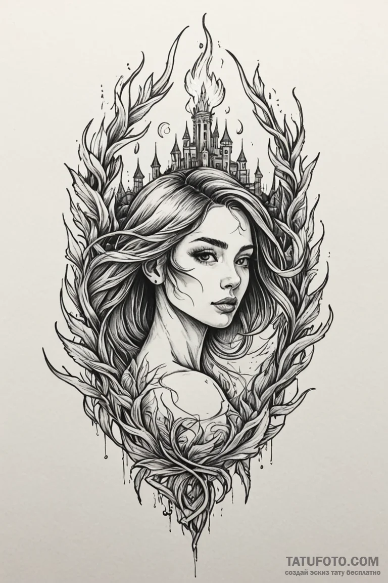 Umbra staff beneath burning sky, tattoo line... - эскиз тату (№1750762998_0, 24.06.2025 11:03) — Tatufoto.com