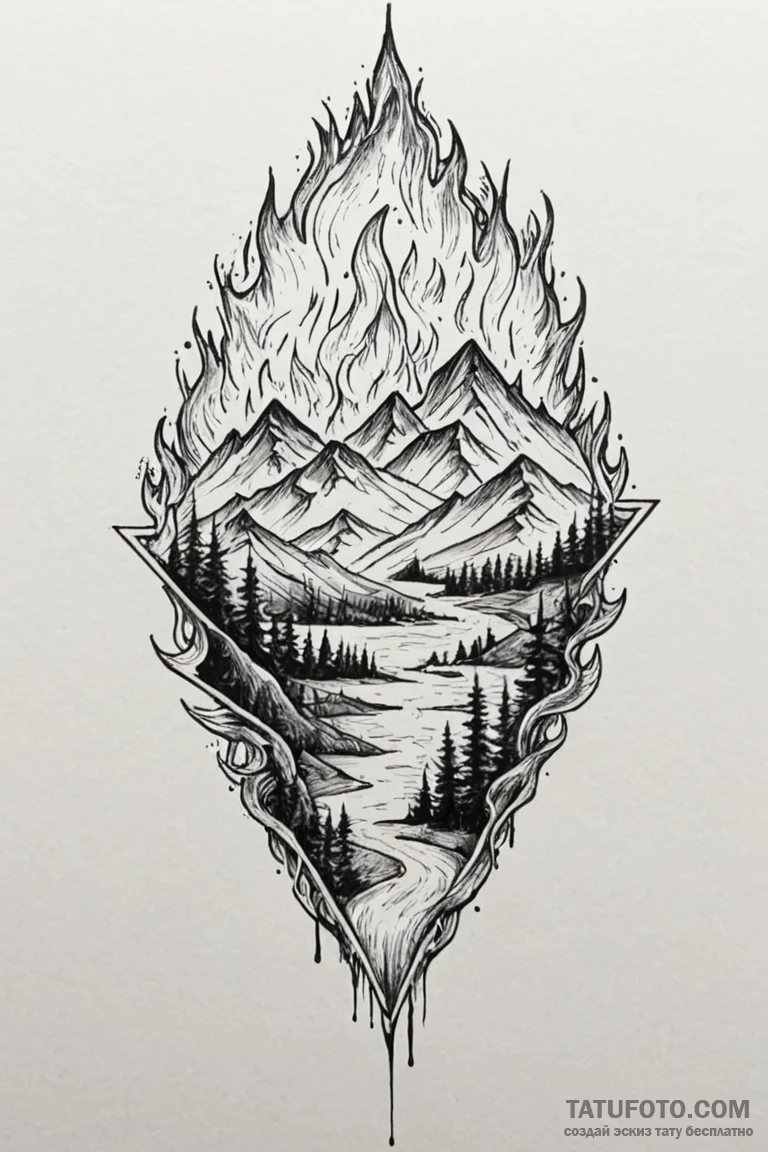 Umbra staff beneath burning sky, tattoo line... - эскиз тату (№1750762998_1, 24.06.2025 11:03) — Tatufoto.com