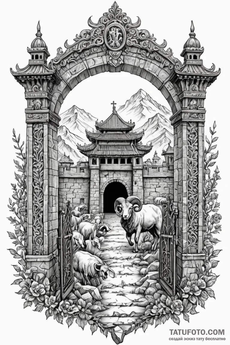 Ram (battering ram) striking a fortress gate,... - эскиз тату (№1750765640_1, 24.06.2025 11:47) — Tatufoto.com
