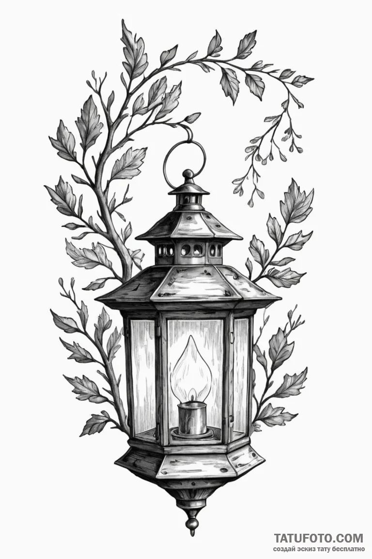 Oak lantern flickering in wind, ink illustrat... - эскиз тату (№1750765788_0, 24.06.2025 11:49) — Tatufoto.com