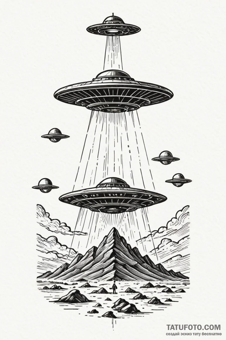 Ziggurat from ancient mesopotamia, with a ufo... - эскиз тату (№1750766467_0, 24.06.2025 12:01) — Tatufoto.com