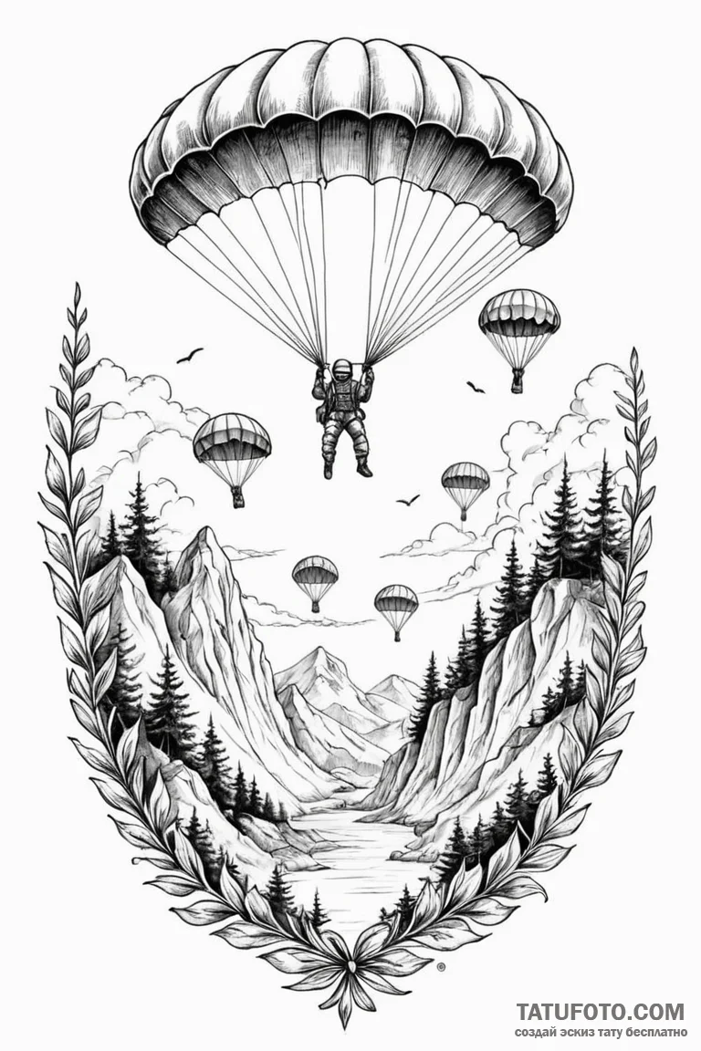 Paratroopers descending from the sky, tattoo... - эскиз тату (№1750766543_0, 24.06.2025 12:02) — Tatufoto.com
