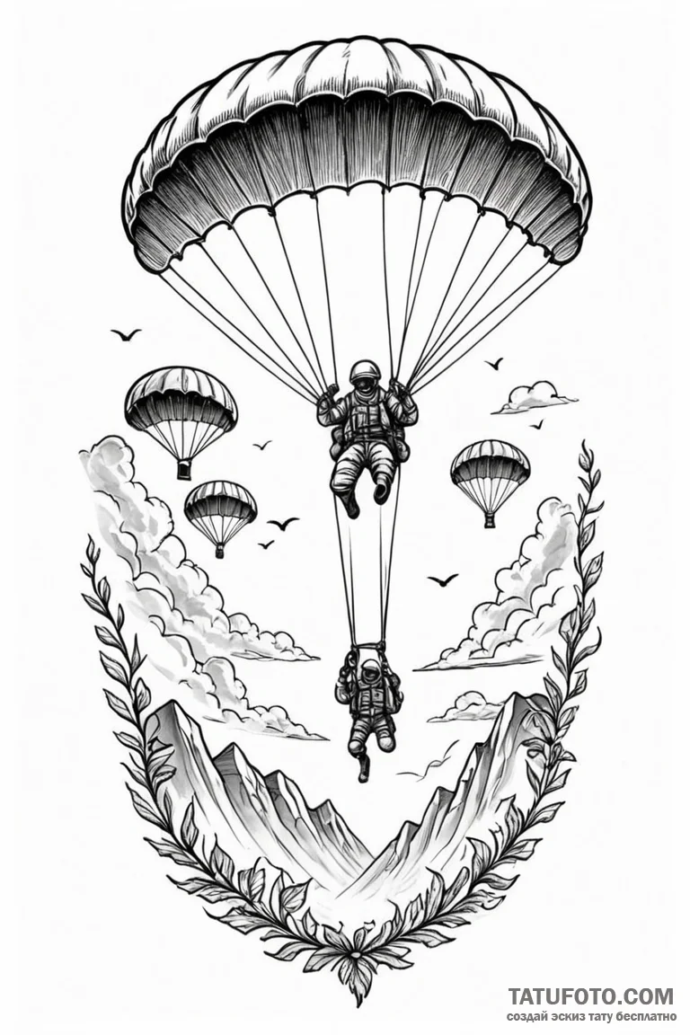 Paratroopers descending from the sky, tattoo... - эскиз тату (№1750766543_1, 24.06.2025 12:02) — Tatufoto.com