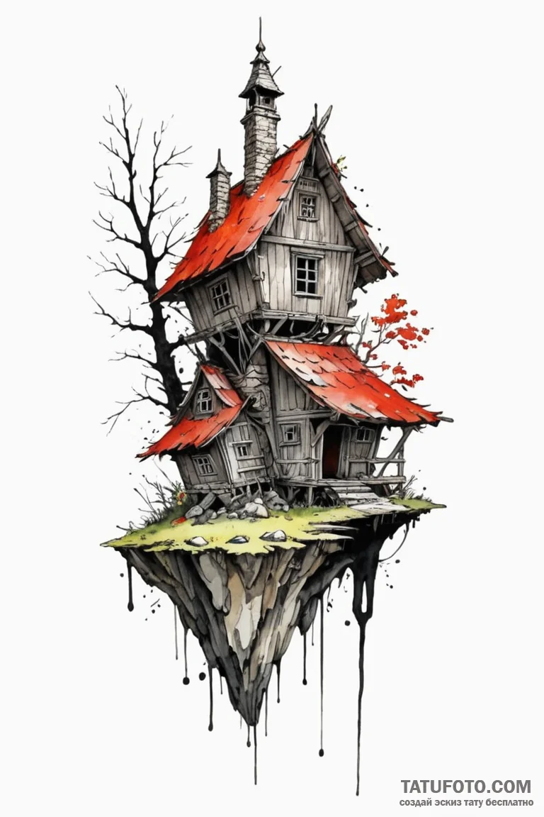 Baba yaga's hut on chicken legs, ink illustra... - эскиз тату (№1750766619_0, 24.06.2025 12:03) — Tatufoto.com