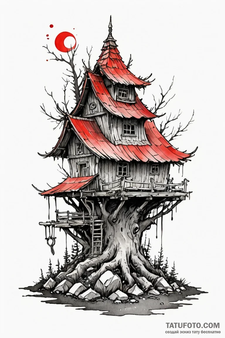 Baba yaga's hut on chicken legs, ink illustra... - эскиз тату (№1750766619_1, 24.06.2025 12:03) — Tatufoto.com