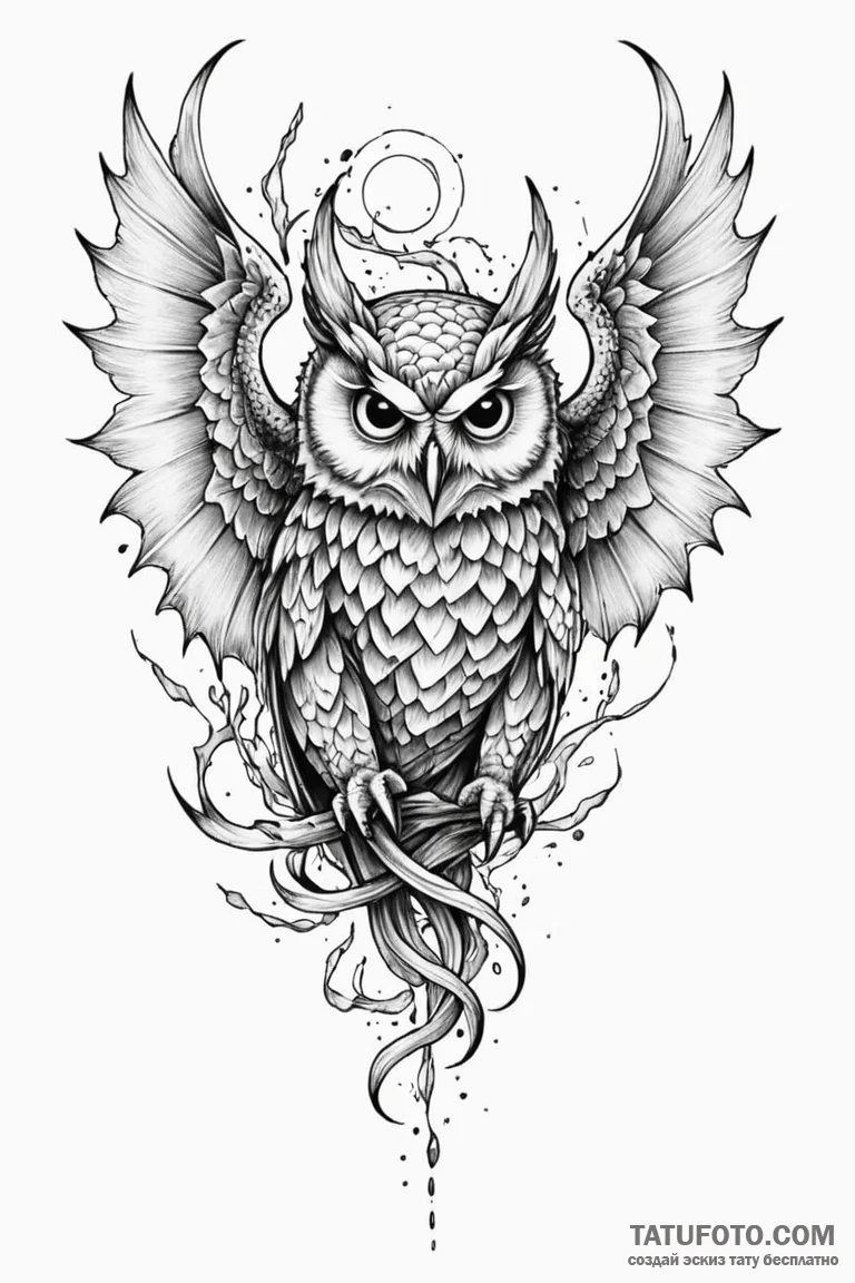 Owl wings beneath shattered veil, tattoo draw... - эскиз тату (№1750767502_1, 24.06.2025 12:18) — Tatufoto.com
