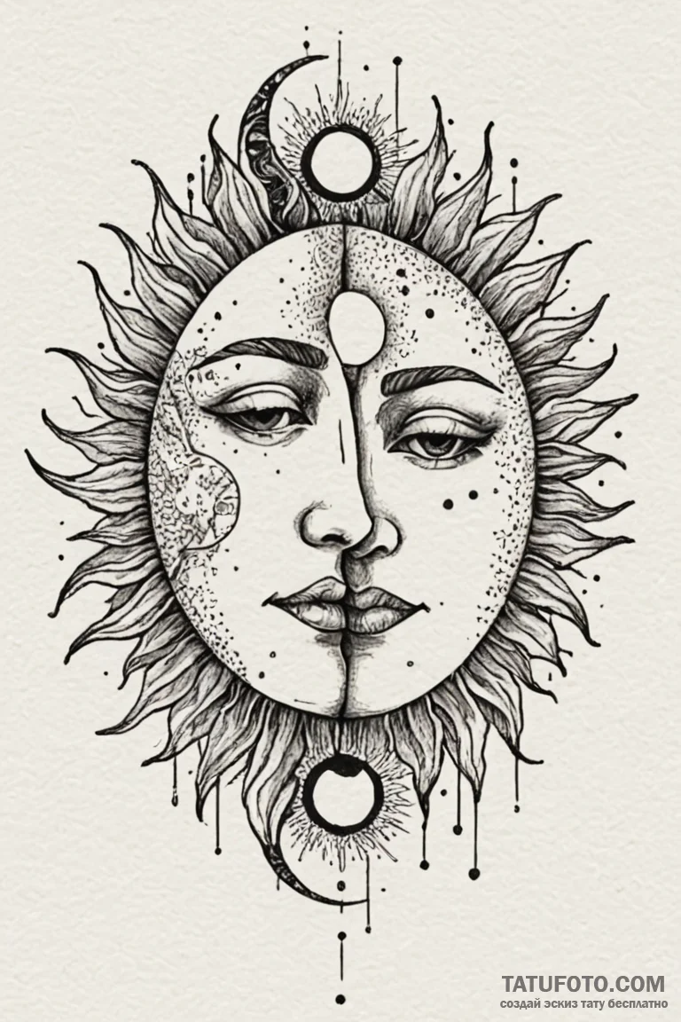 Embrace between the sun and moon, depicted as... - эскиз тату (№1750768179_0, 24.06.2025 12:29) — Tatufoto.com