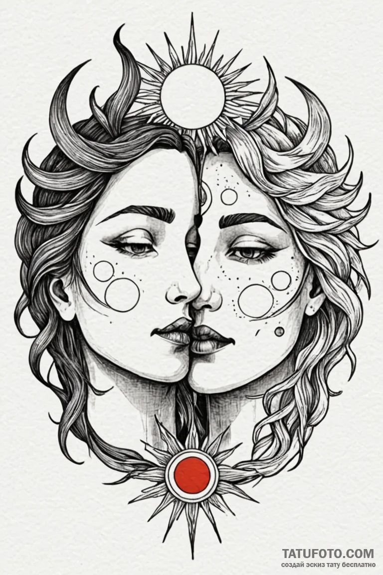Embrace between the sun and moon, depicted as... - эскиз тату (№1750768179_1, 24.06.2025 12:29) — Tatufoto.com