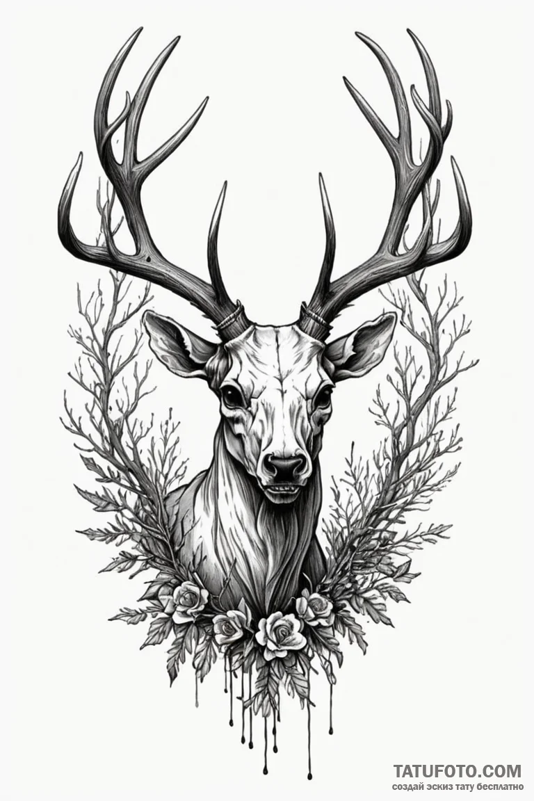 Skull of a deer with antlers of living branch... - эскиз тату (№1750768263_0, 24.06.2025 12:31) — Tatufoto.com