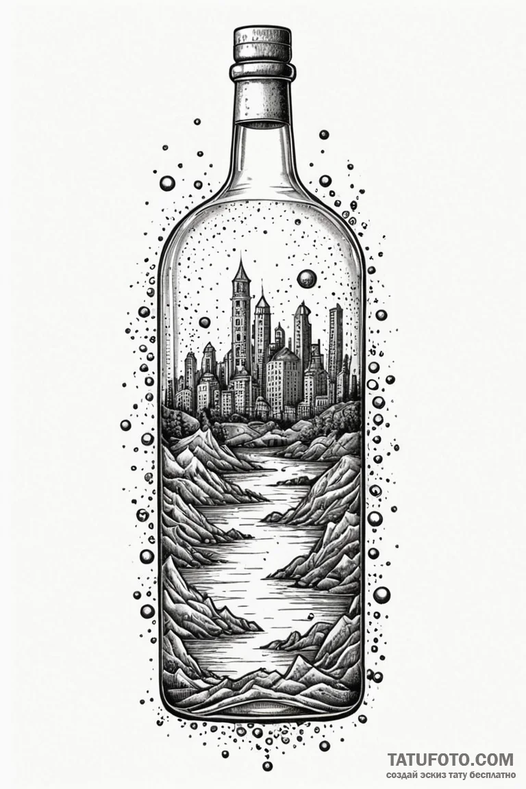 Liquor bottle with a submerged, abandoned cit... - эскиз тату (№1750769377_0, 24.06.2025 12:49) — Tatufoto.com