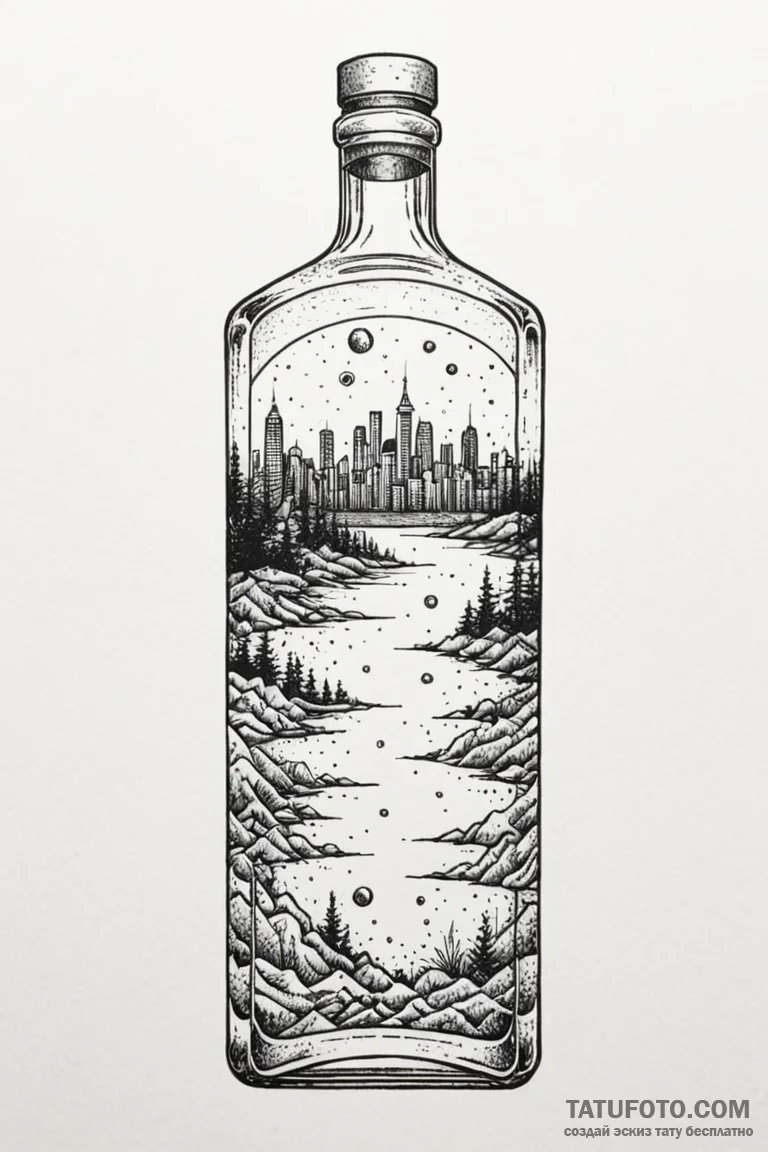Liquor bottle with a submerged, abandoned cit... - эскиз тату (№1750769377_1, 24.06.2025 12:49) — Tatufoto.com