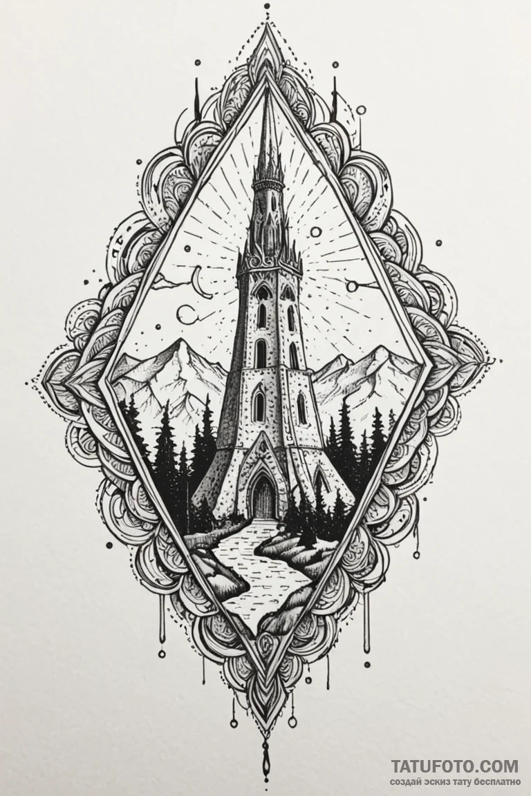 Knife beneath fractured spire, tattoo drawing... - эскиз тату (№1750770134_0, 24.06.2025 13:02) — Tatufoto.com