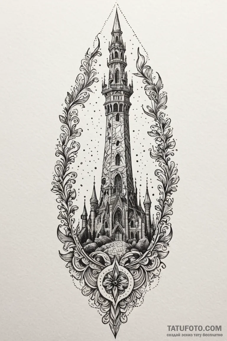 Knife beneath fractured spire, tattoo drawing... - эскиз тату (№1750770134_1, 24.06.2025 13:02) — Tatufoto.com