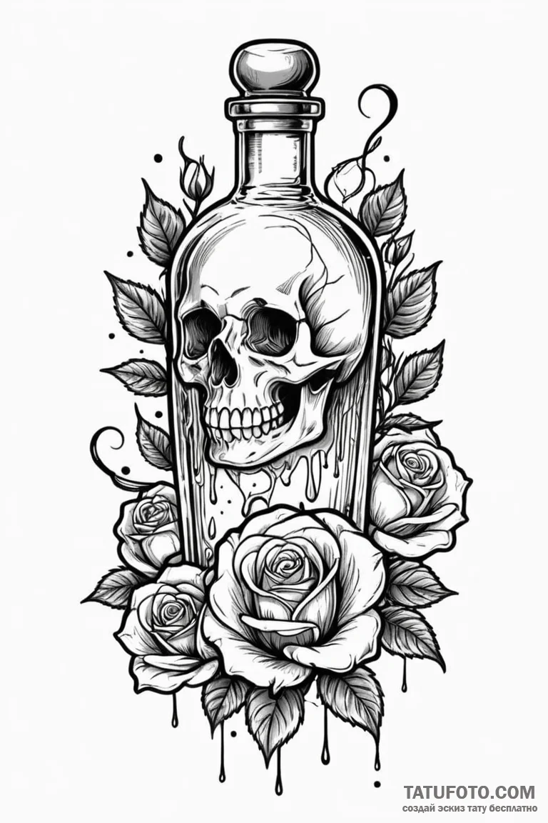 Potion bottle with glowing liquid, tattoo fla... - эскиз тату (№1750771984_0, 24.06.2025 13:33) — Tatufoto.com