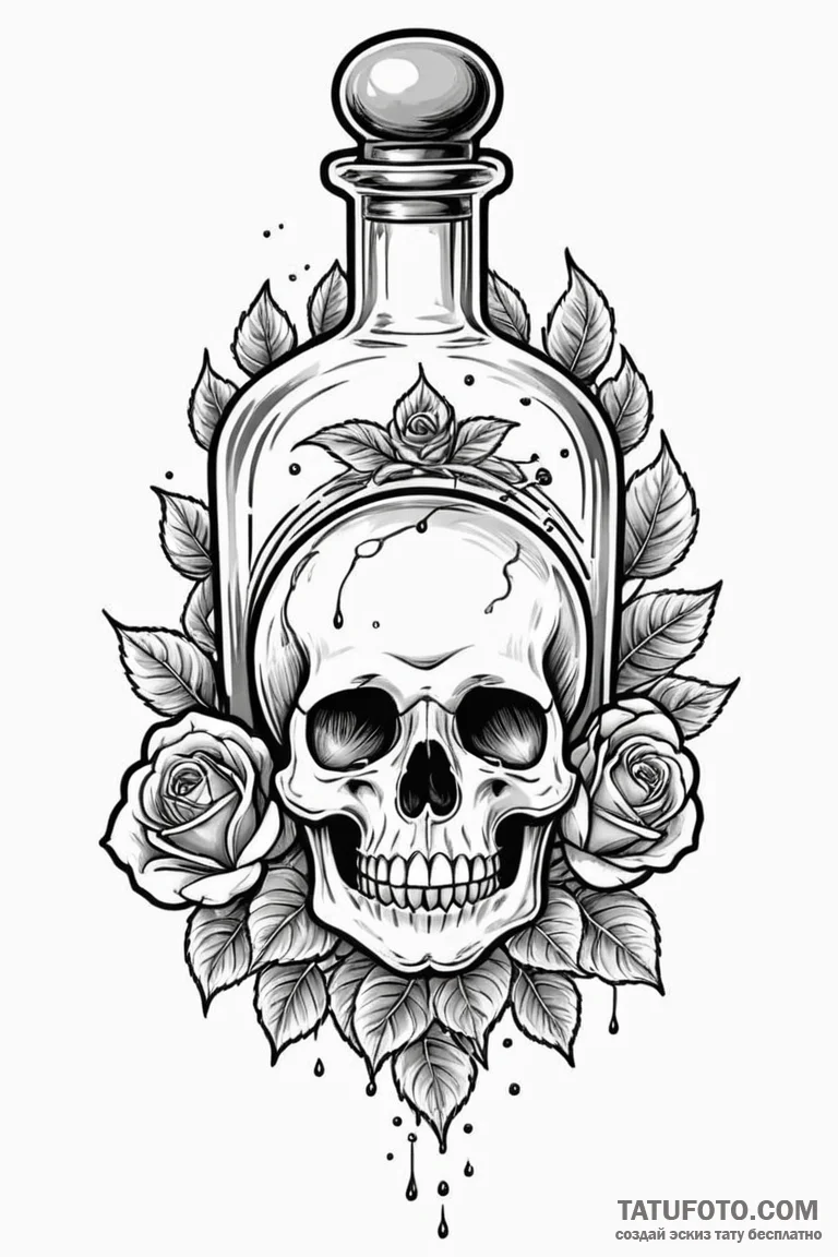Potion bottle with glowing liquid, tattoo fla... - эскиз тату (№1750771984_1, 24.06.2025 13:33) — Tatufoto.com