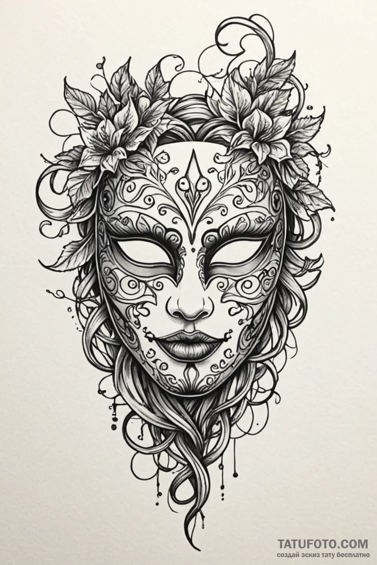 Mask entangled in vines, tattoo drawing outli... - эскиз тату (№1750772714_0, 24.06.2025 13:45) — Tatufoto.com