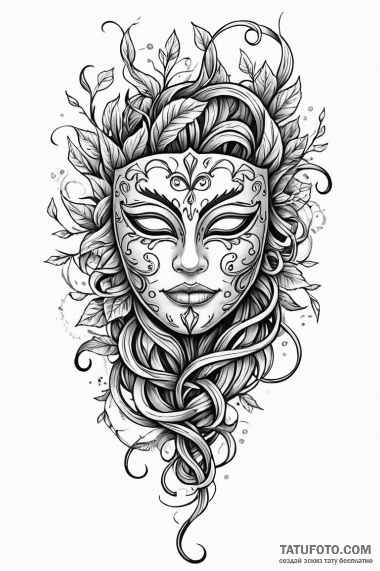 Mask entangled in vines, tattoo drawing outli... - эскиз тату (№1750772714_1, 24.06.2025 13:45) — Tatufoto.com