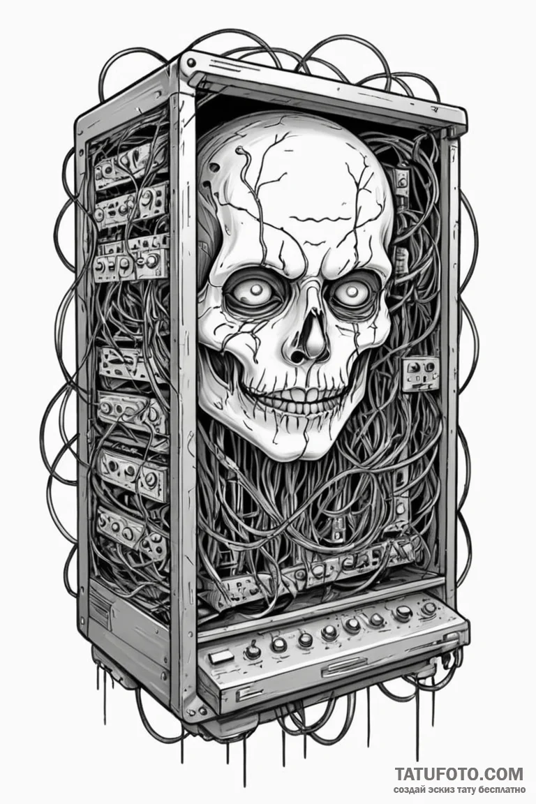 Network server rack, with a ghostly face visi... - эскиз тату (№1750773596_0, 24.06.2025 13:59) — Tatufoto.com