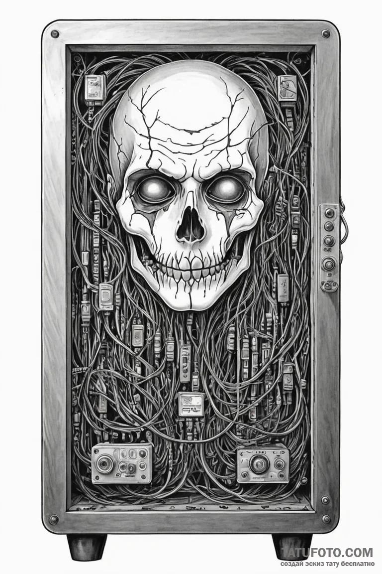 Network server rack, with a ghostly face visi... - эскиз тату (№1750773596_1, 24.06.2025 13:59) — Tatufoto.com