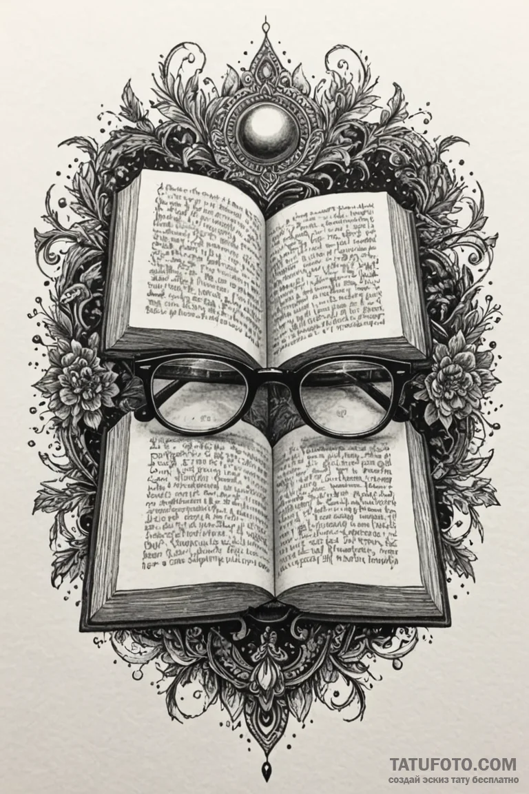 Spectacles, resting on an open book, concept... - эскиз тату (№1750776507_1, 24.06.2025 14:48) — Tatufoto.com