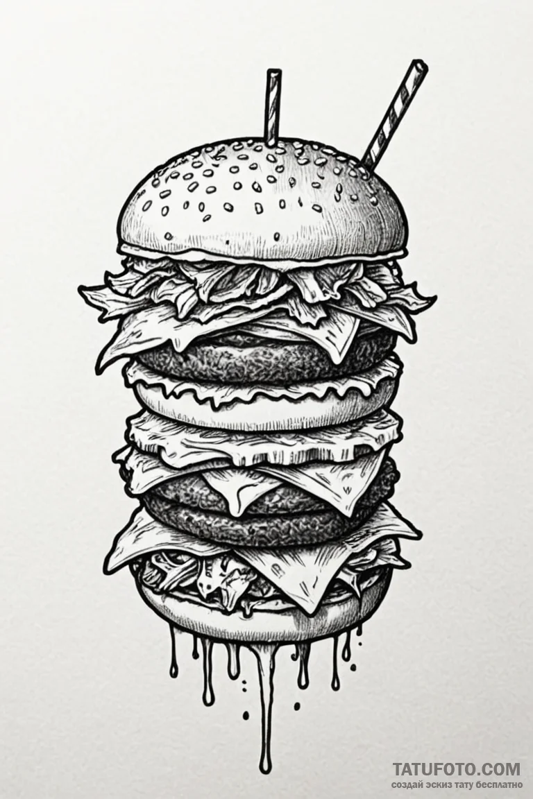 A quirky burger with fries and a milkshake, m... - эскиз тату (№1750777432_0, 24.06.2025 15:03) — Tatufoto.com