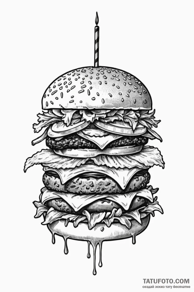 A quirky burger with fries and a milkshake, m... - эскиз тату (№1750777432_1, 24.06.2025 15:03) — Tatufoto.com