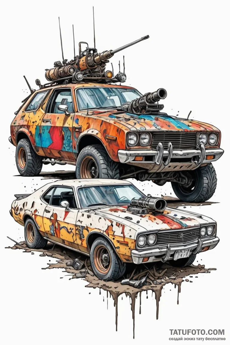 Mad max-style vehicle, armored with scrap met... - эскиз тату (№1750778999_0, 24.06.2025 15:29) — Tatufoto.com