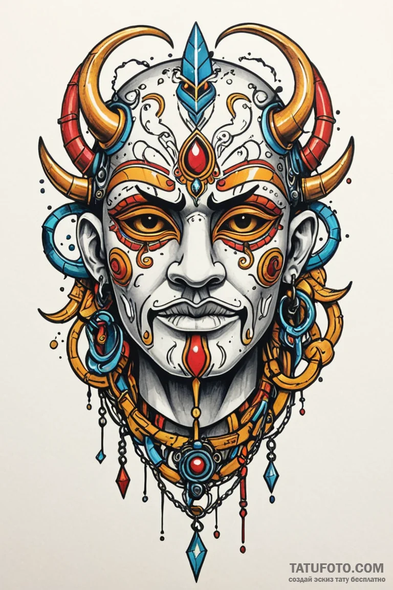 Unbroken chain binding ancient mask, tattoo f... - эскиз тату (№1750782010_1, 24.06.2025 16:20) — Tatufoto.com